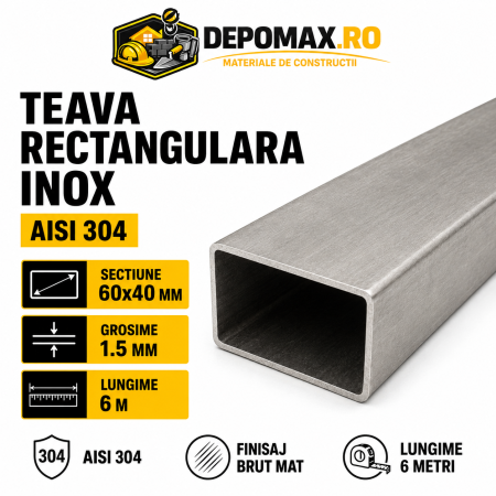Teava rectangulara inox AISI 304, 60 x 40 x 1.5 mm, 6 metri